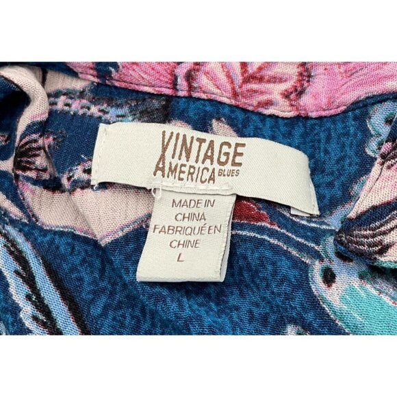 Vintage America Blues Floral Button-Up Blouse Tie Sleeves Vibrant Blues Pinks LG - Picture 7 of 9
